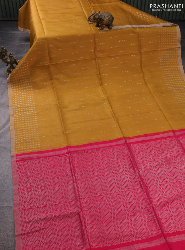 Pure raw silk saree mustard yellow and pink with silver zari woven buttas and silver zari woven piping border