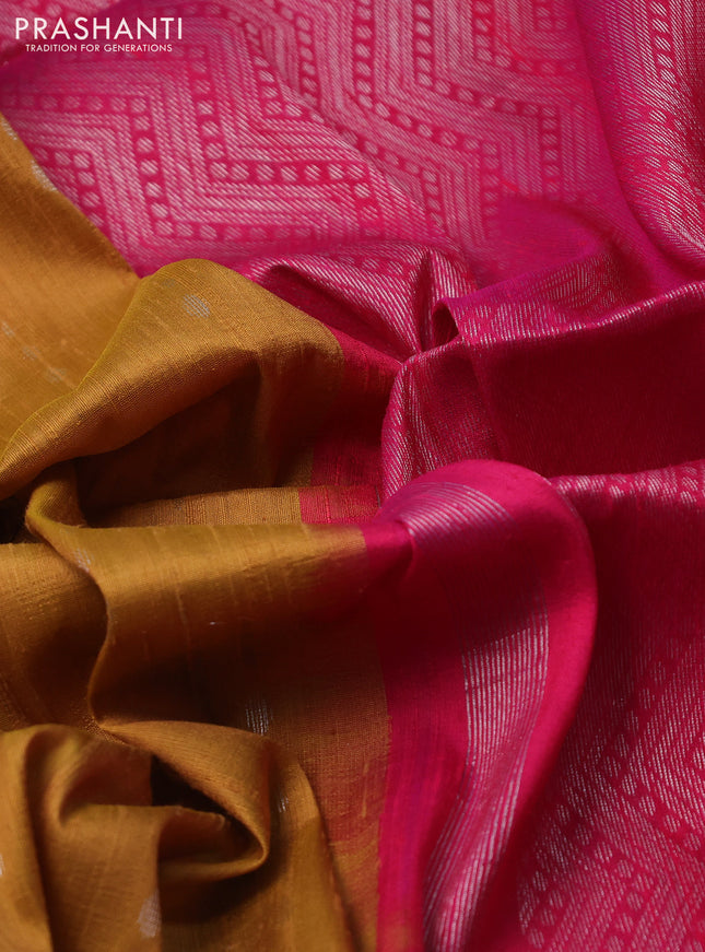 Pure raw silk saree mustard yellow and pink with silver zari woven buttas and silver zari woven piping border