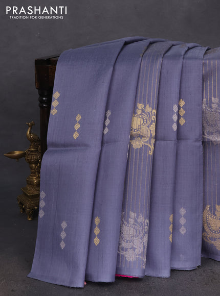 Pure raw silk saree grey and pink with allover silver & gold zari weaves in borderless style