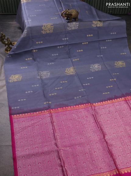 Pure raw silk saree grey and pink with allover silver & gold zari weaves in borderless style
