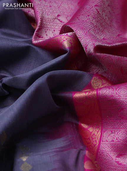 Pure raw silk saree grey and pink with allover silver & gold zari weaves in borderless style