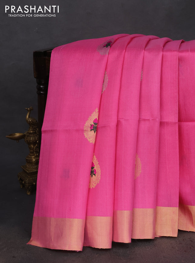 Pure raw silk saree light pink and teal blue with plain body and zari woven border