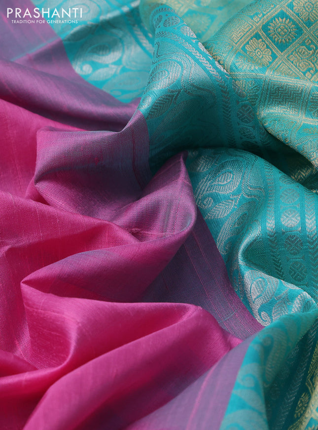 Pure raw silk saree light pink and teal blue with plain body and zari woven border