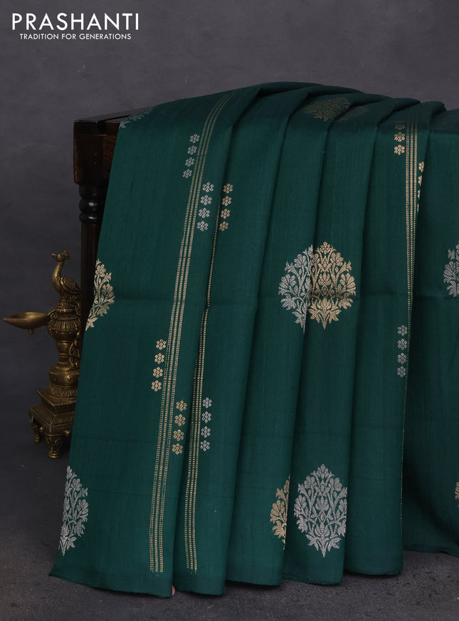 Pure raw silk saree dark green and pink with silver & gold zari woven buttas in borderless style