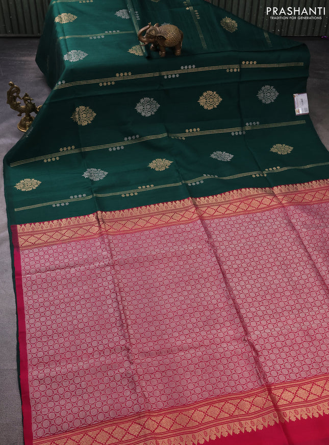 Pure raw silk saree dark green and pink with silver & gold zari woven buttas in borderless style