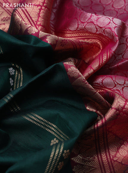 Pure raw silk saree dark green and pink with silver & gold zari woven buttas in borderless style