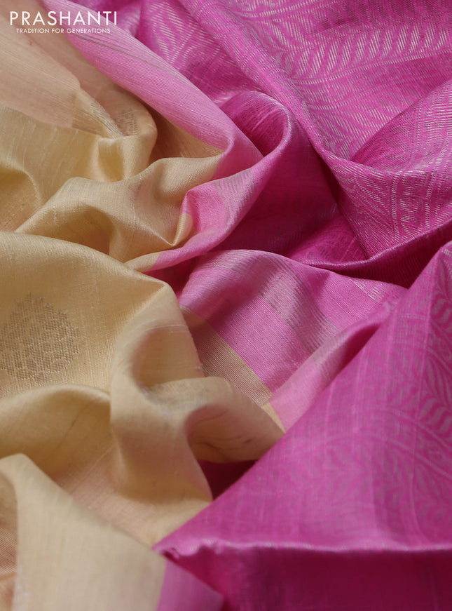 Pure raw silk saree sandal and light pink with silver zari woven buttas and silver zari woven border