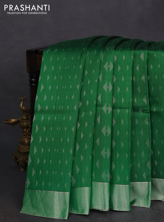 Pure raw silk saree green and reddish pink with allover silver zari geometric weaves and silver zari woven border