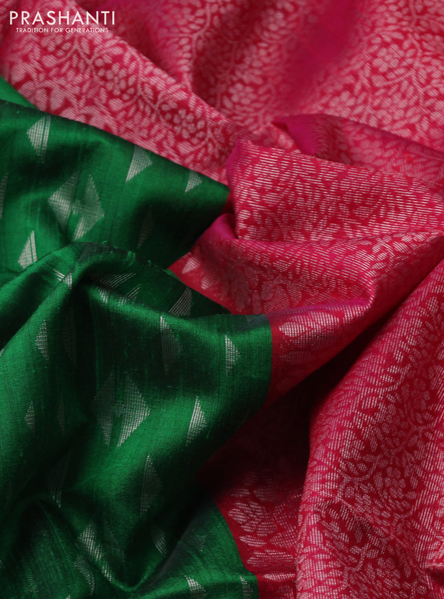 Pure raw silk saree green and reddish pink with allover silver zari geometric weaves and silver zari woven border