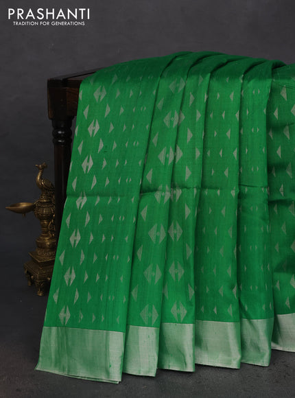 Pure raw silk saree green and pink with allover silver zari geometric weaves and silver zari woven border