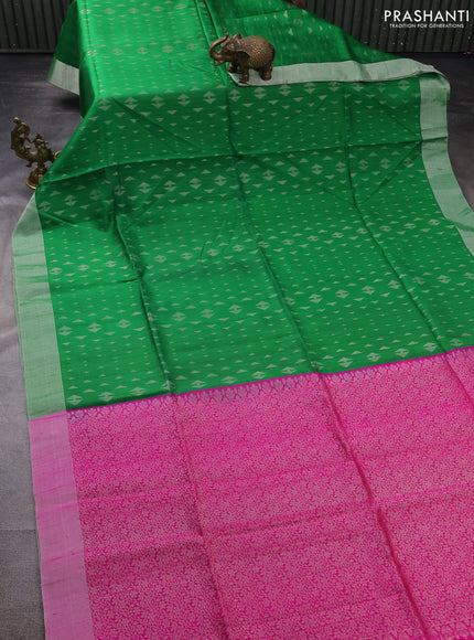 Pure raw silk saree green and pink with allover silver zari geometric weaves and silver zari woven border