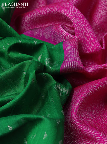 Pure raw silk saree green and pink with allover silver zari geometric weaves and silver zari woven border