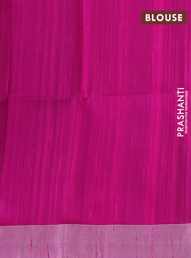 Pure raw silk saree green and pink with allover silver zari geometric weaves and silver zari woven border