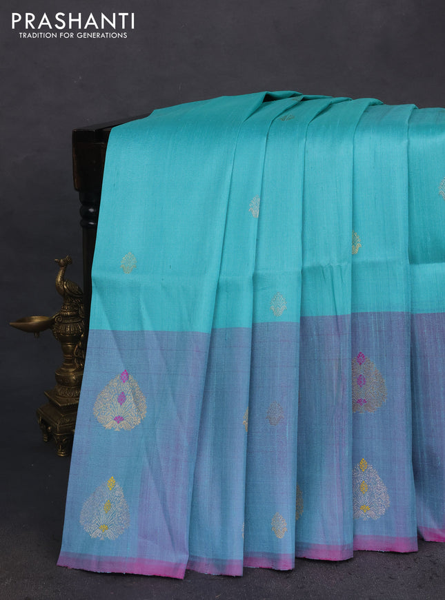 Pure raw silk saree teal blue and pink with silver & gold zari woven buttas and zari woven butta border