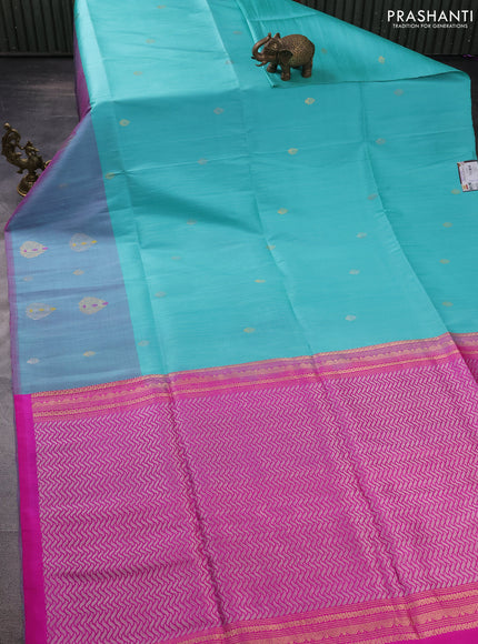 Pure raw silk saree teal blue and pink with silver & gold zari woven buttas and zari woven butta border