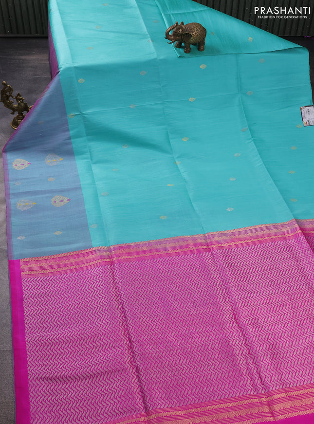 Pure raw silk saree teal blue and pink with silver & gold zari woven buttas and zari woven butta border