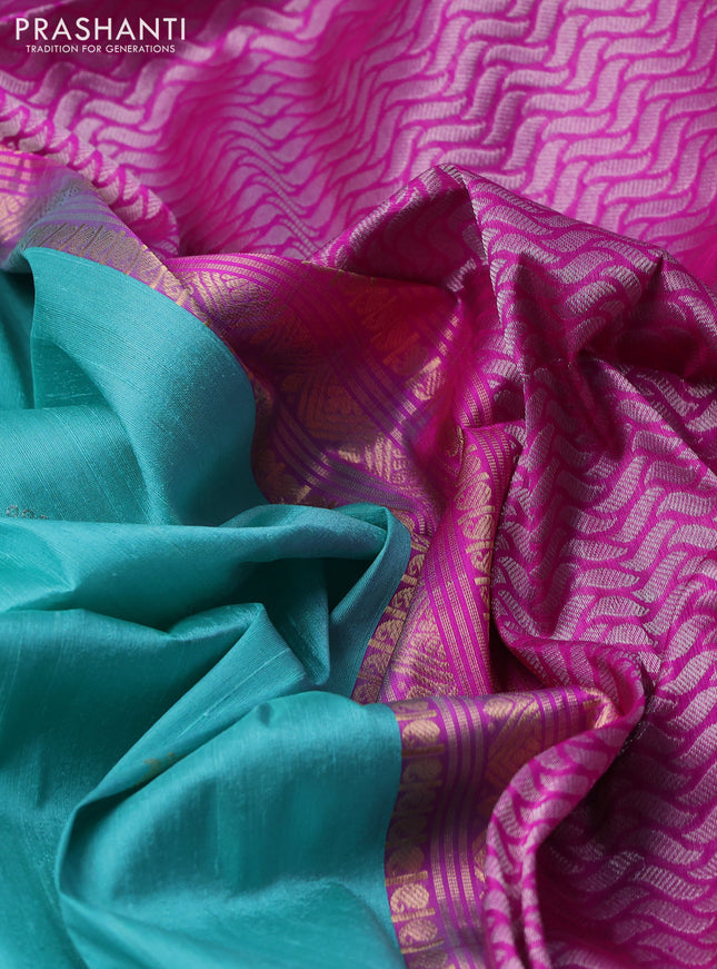 Pure raw silk saree teal blue and pink with silver & gold zari woven buttas and zari woven butta border