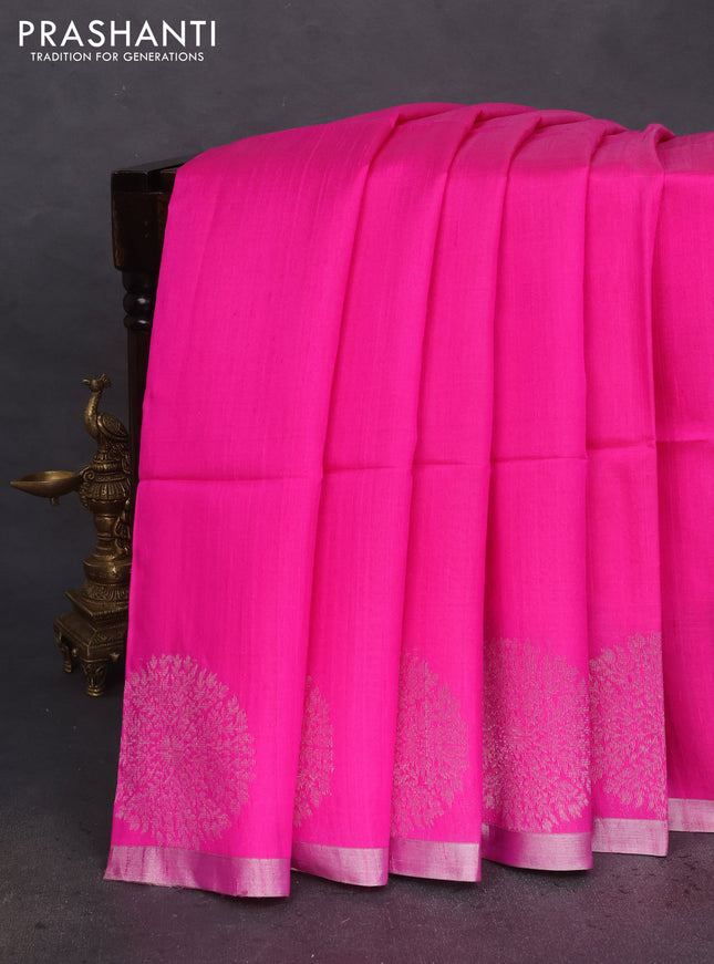 Pure raw silk saree candy pink and mustard yellow with plain body and silver zari woven butta border