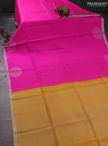 Pure raw silk saree candy pink and mustard yellow with plain body and silver zari woven butta border