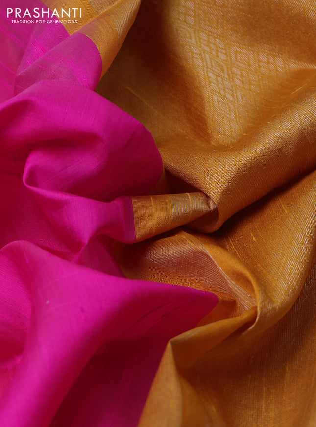 Pure raw silk saree candy pink and mustard yellow with plain body and silver zari woven butta border