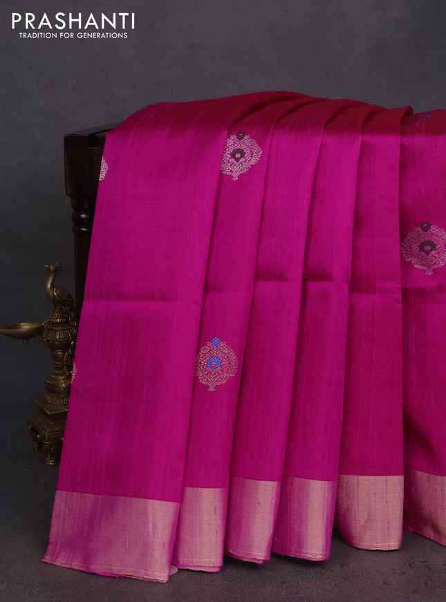 Pure raw silk saree pink and teal green with silver & gold zari woven buttas and zari woven border