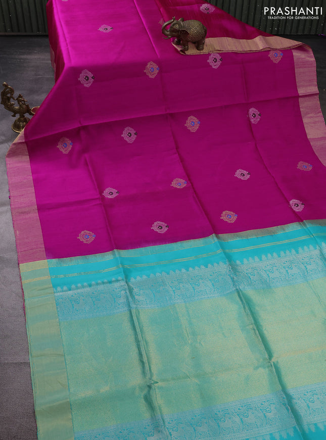 Pure raw silk saree pink and teal green with silver & gold zari woven buttas and zari woven border