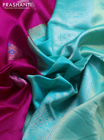 Pure raw silk saree pink and teal green with silver & gold zari woven buttas and zari woven border