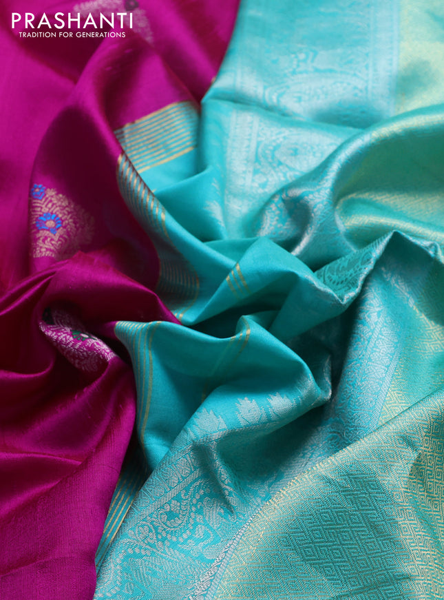 Pure raw silk saree pink and teal green with silver & gold zari woven buttas and zari woven border