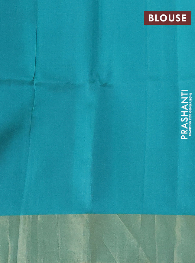 Pure raw silk saree pink and teal green with silver & gold zari woven buttas and zari woven border