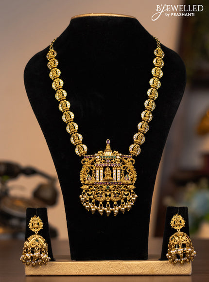 Antique necklace lakshmi pendant  with kemp & cz stones and pearl & golden beads hanging