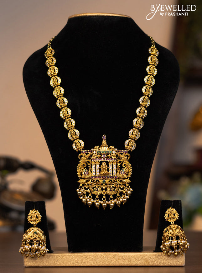 Antique necklace lakshmi pendant  with kemp & cz stones and pearl & golden beads hanging
