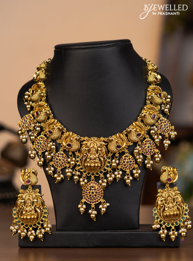 Antique necklace lakshmi pendant  with kemp stones and pearl & golden beads hanging