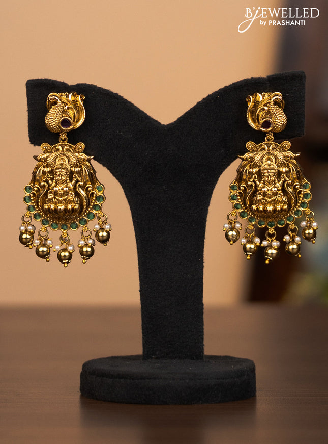 Antique necklace lakshmi pendant  with kemp stones and pearl & golden beads hanging