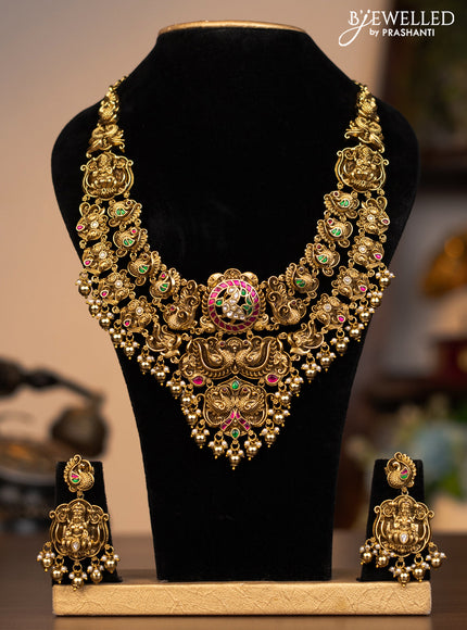 Antique double layer necklace lakshmi pendant with jadau kundan stones and pearl & golden beads hanging