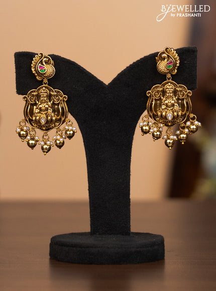 Antique double layer necklace lakshmi pendant with jadau kundan stones and pearl & golden beads hanging