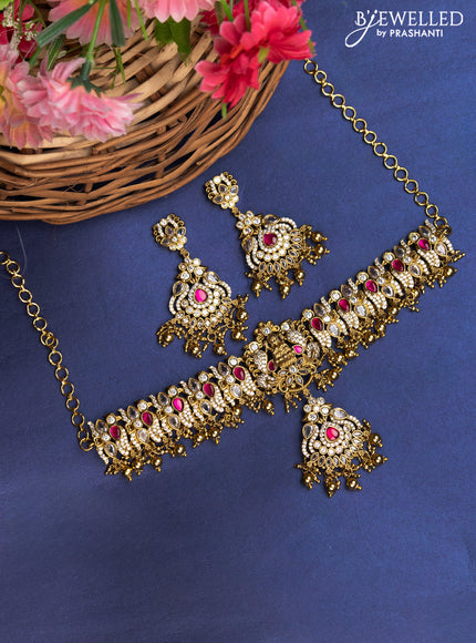 Antique choker lakshmi design with pink jadau & cz stones and golden beads hanging