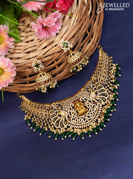 Antique choker lakshmi design with kemp & cz stones and pearl & green beads hanging