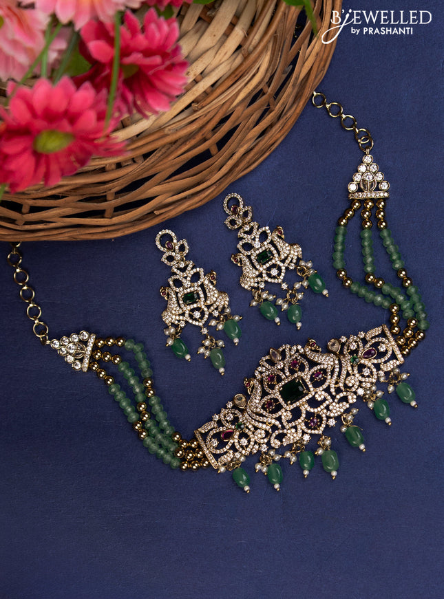 Beaded green choker with kemp & cz stones and pearl & beads hanging