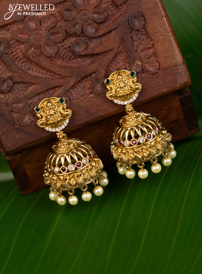 Antique jhumka lakshmi design with kemp & cz stones and pearl hangings