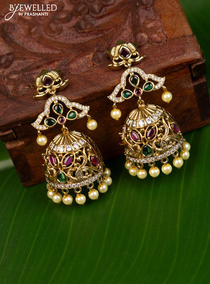 Antique jhumka with kemp & cz stones and pearl hangings