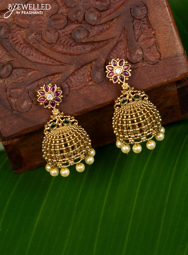 Antique jhumka with kemp & cz stones and pearl hangings
