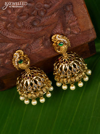 Antique jhumka peacock design with kemp & cz stones and pearl hangings