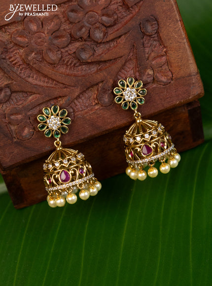 Antique jhumka with kemp & cz stones and pearl hangings