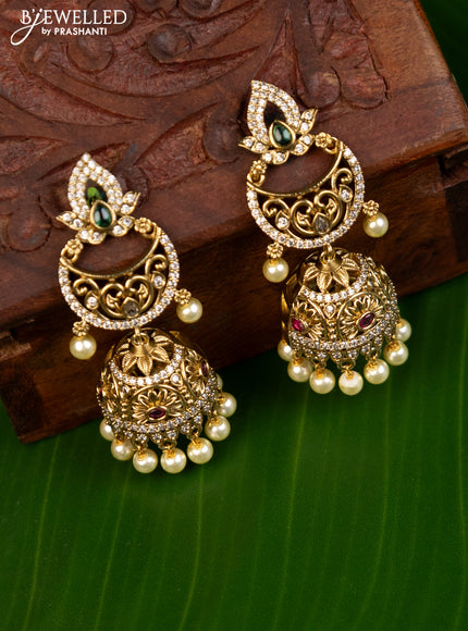 Antique jhumka with kemp & cz stones and pearl hangings