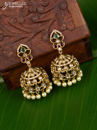 Antique jhumka with kemp & cz stones and pearl hangings