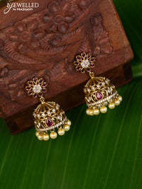 Antique jhumka with pink kemp & cz stones and pearl hangings