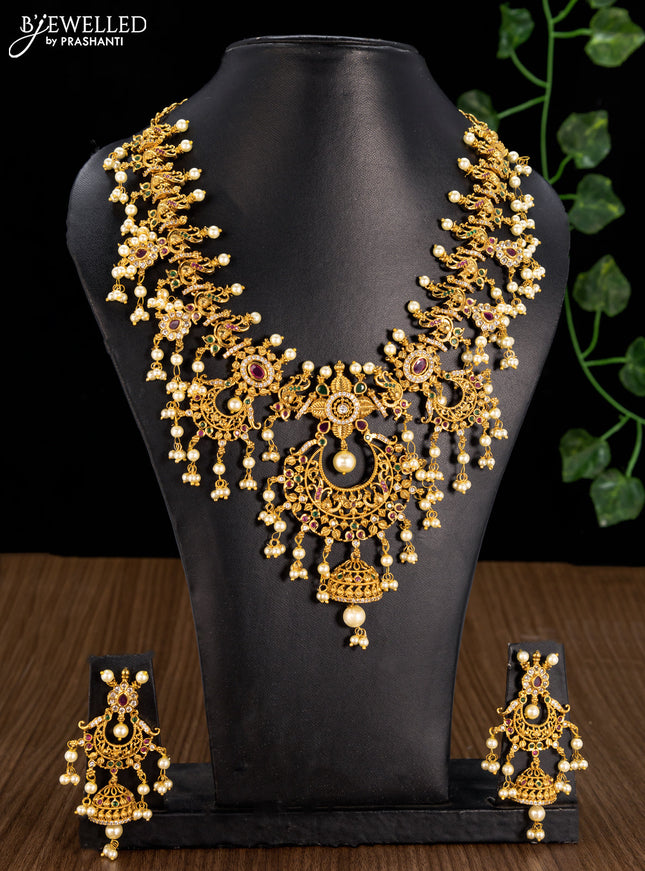 Antique guttapusalu necklace chandbali design kemp and cz stones with pearl hangings