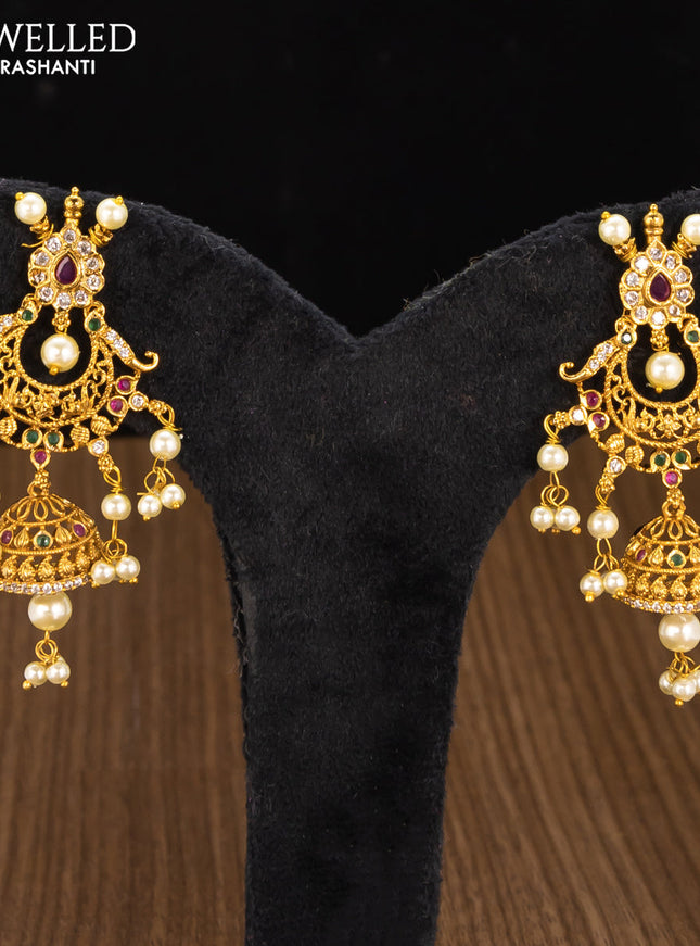 Antique guttapusalu necklace chandbali design kemp and cz stones with pearl hangings