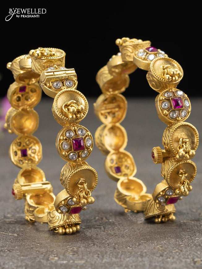 Antique screw type bangles kemp and cz stones with hangings - {{ collection.title }} by Prashanti Sarees