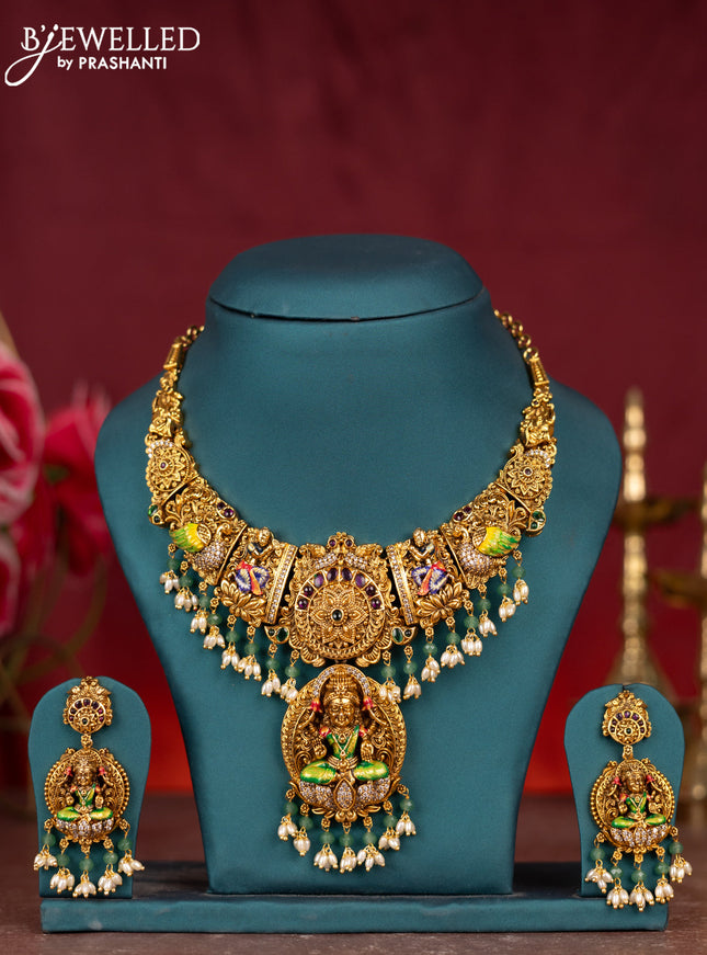 Antique enamel necklace lakshmi pendant with kemp & cz stones and pearl & mint green beads hangings